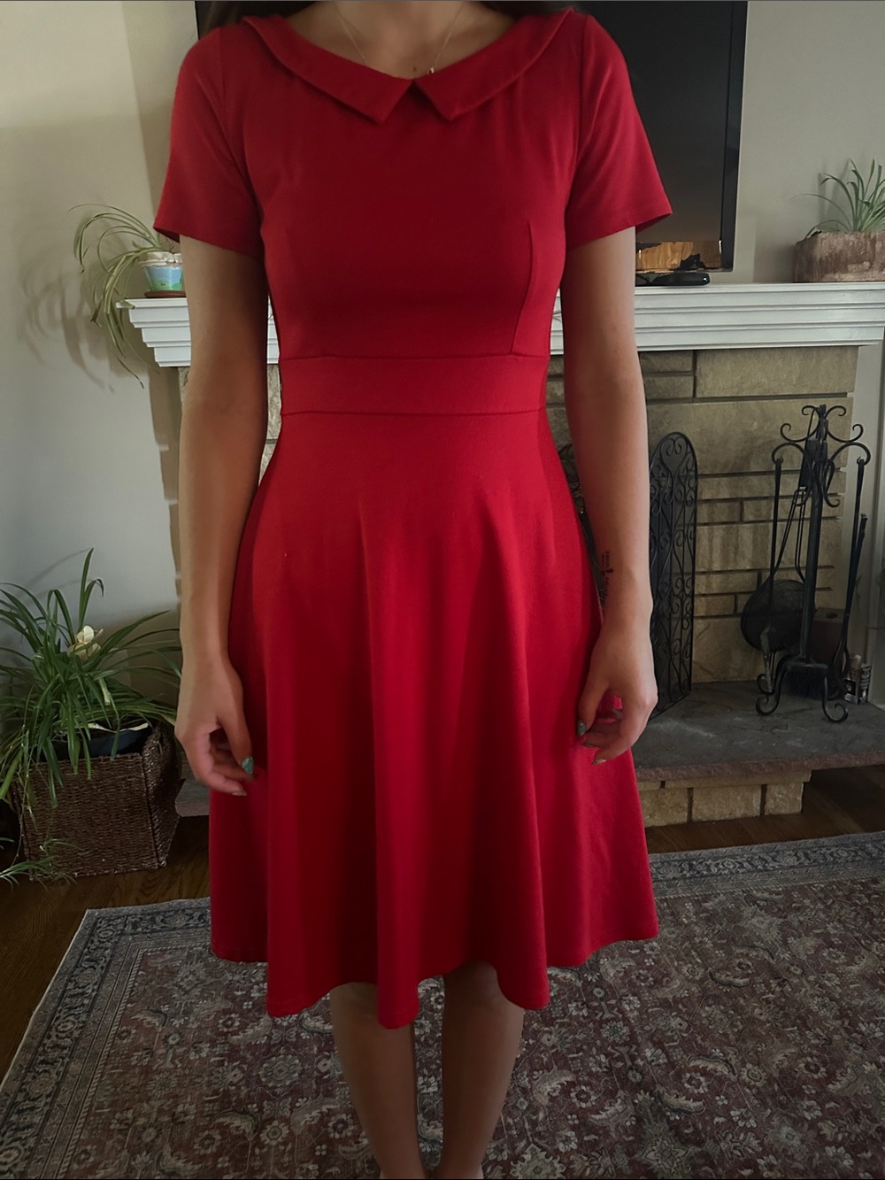 Red Fit-and-Flare Midi Dress with Peter Pan Collar